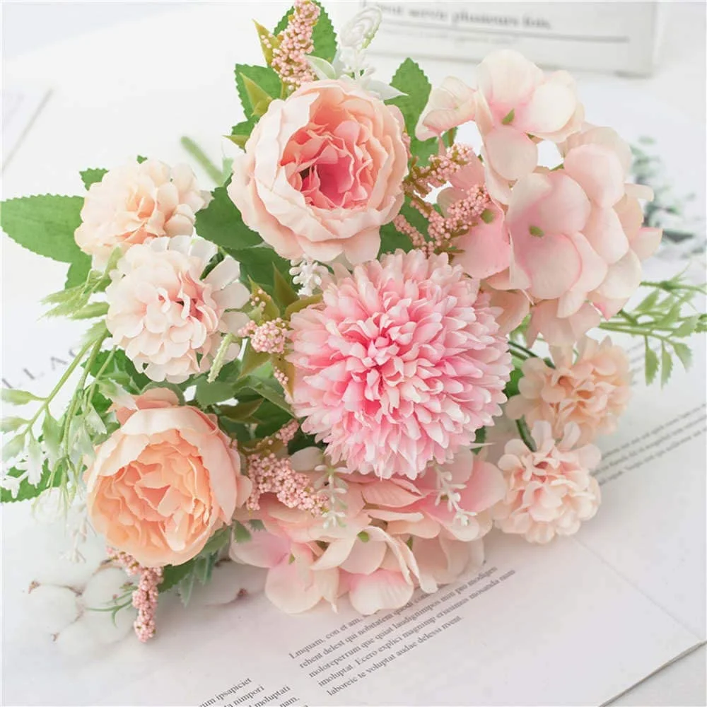 Zeesh Maison 12.6" Artificial Peony & Hydrangea Silk Bouquet (2 Pack) - Light Pink