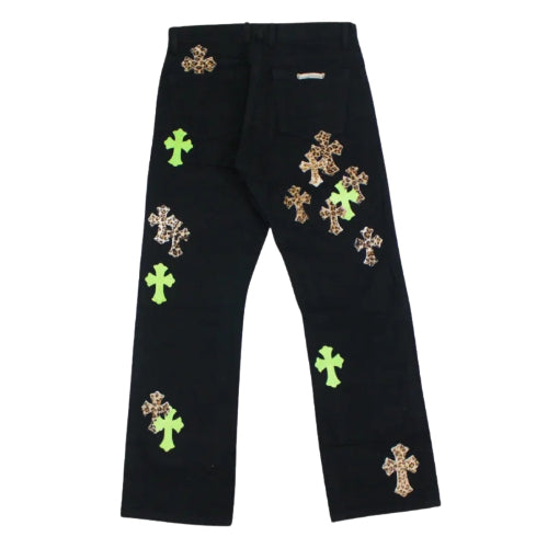 Chrome Hearts Green & Leopard Cross Patch Jeans