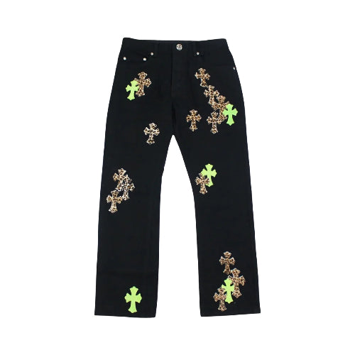 Chrome Hearts Green & Leopard Cross Patch Jeans