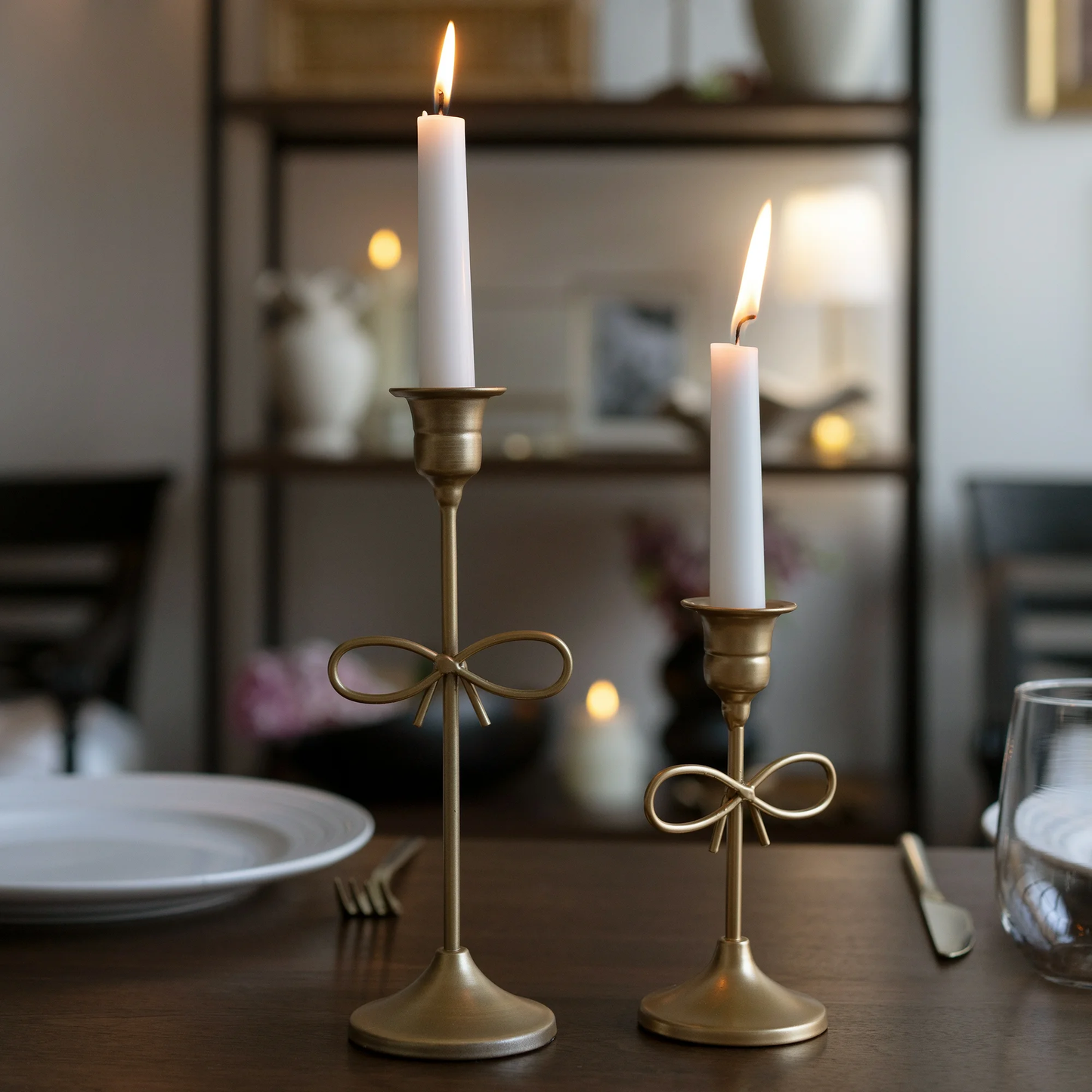 Zeesh Maison Antique Gold Bow Taper Candleholder - 6" Metal Tabletop Decor