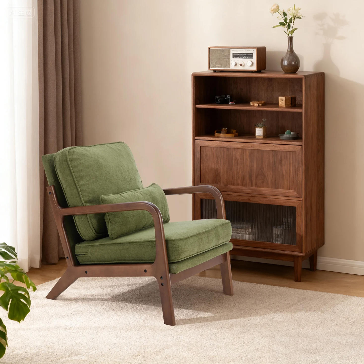 Zeesh Maison Mid-Century Accent Chair - Solid Wood Lounge Armchair with Pillow