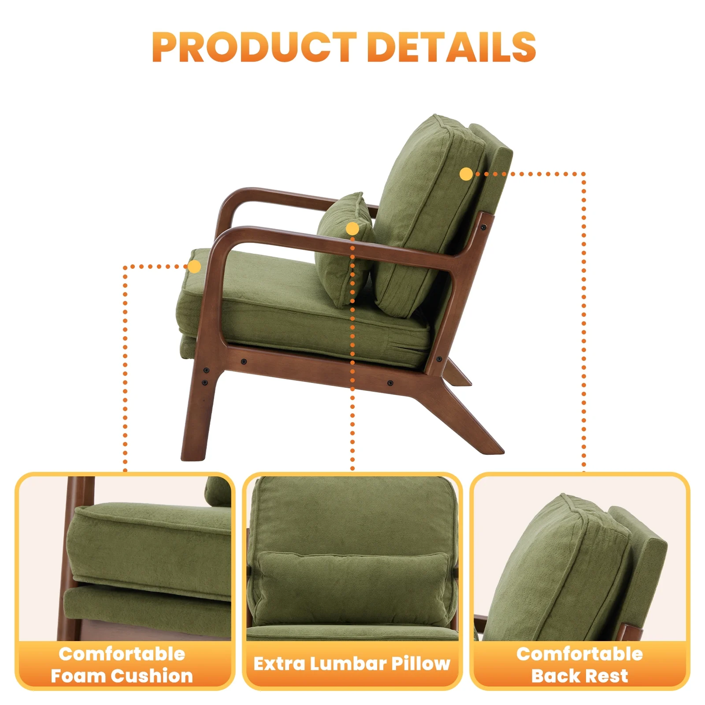 Zeesh Maison Mid-Century Accent Chair - Solid Wood Lounge Armchair with Pillow