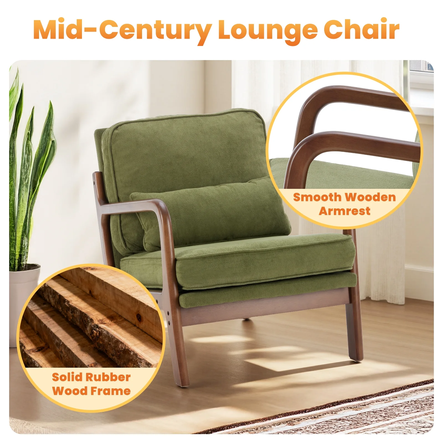 Zeesh Maison Mid-Century Accent Chair - Solid Wood Lounge Armchair with Pillow