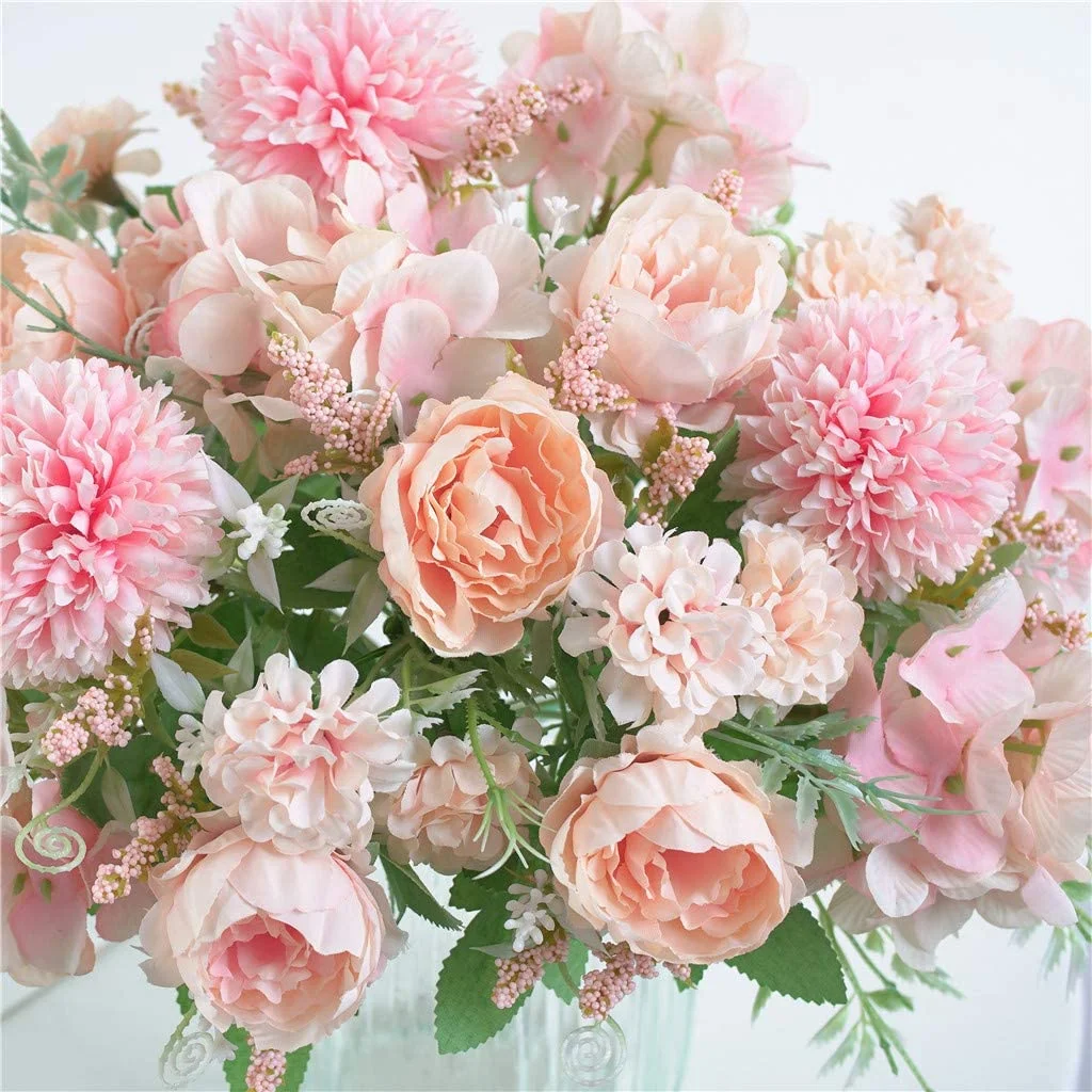 Zeesh Maison 12.6" Artificial Peony & Hydrangea Silk Bouquet (2 Pack) - Light Pink