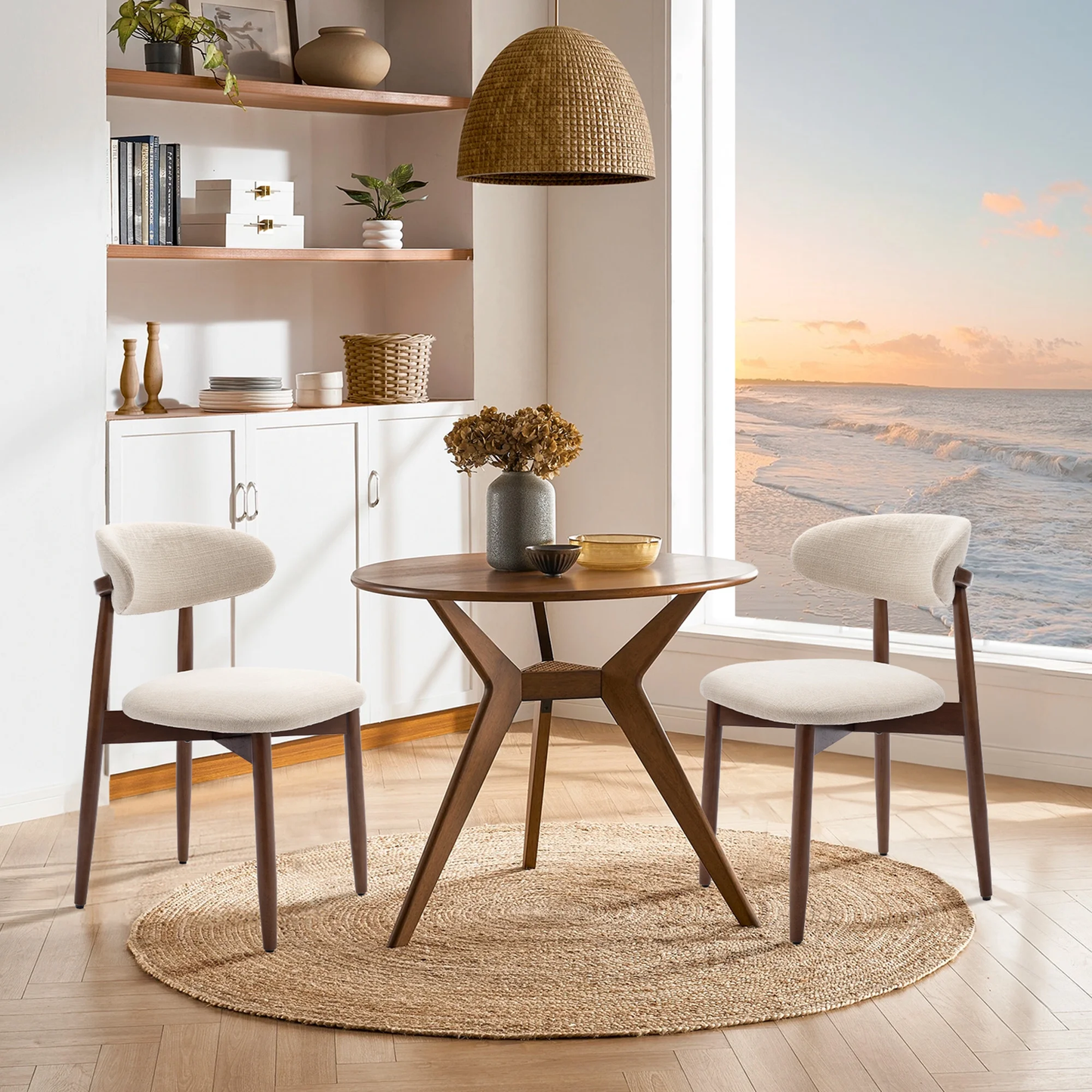 Zeesh Maison Set of 2 Upholstered Dining Chairs - Beige Fabric with Solid Wood Legs