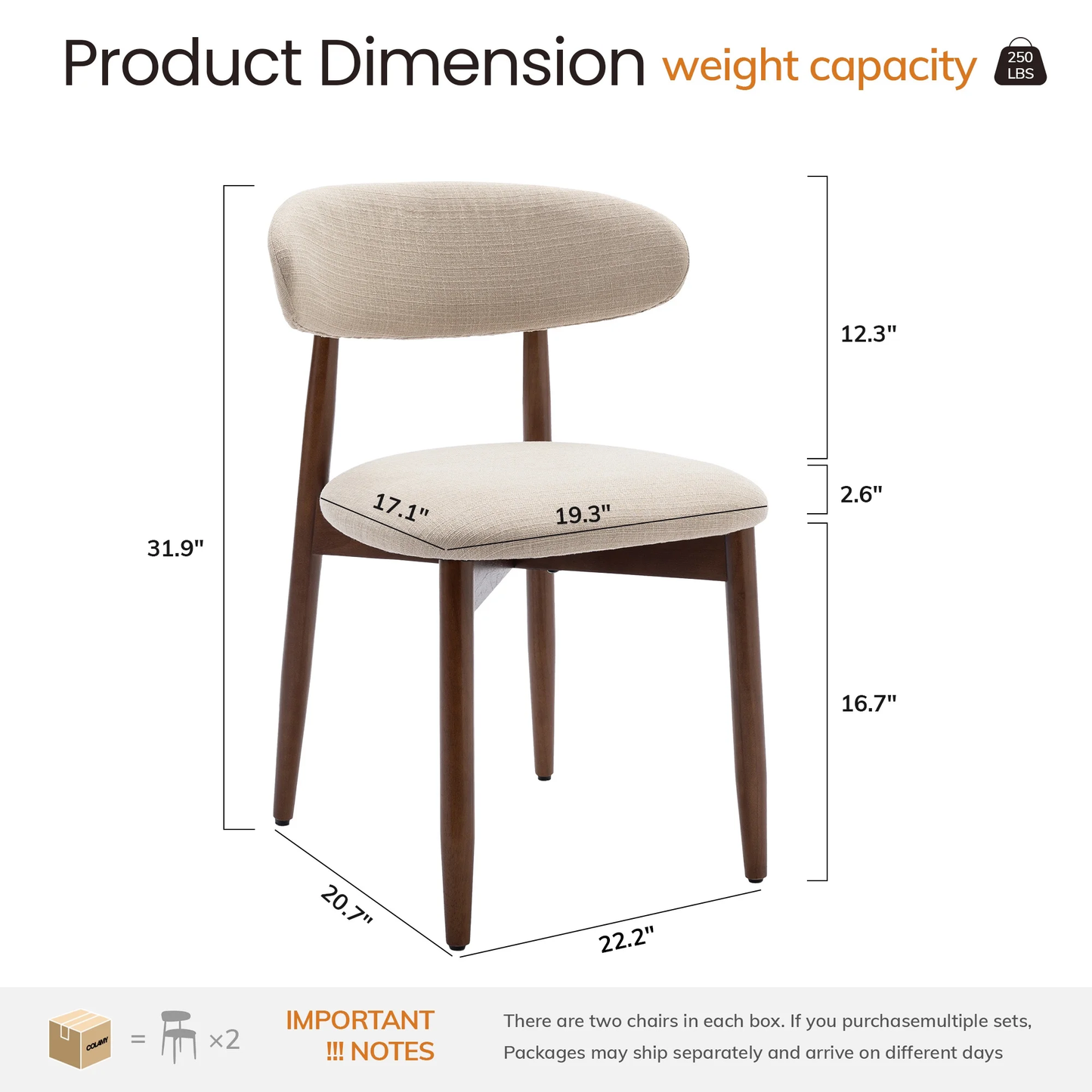 Zeesh Maison Set of 2 Upholstered Dining Chairs - Beige Fabric with Solid Wood Legs