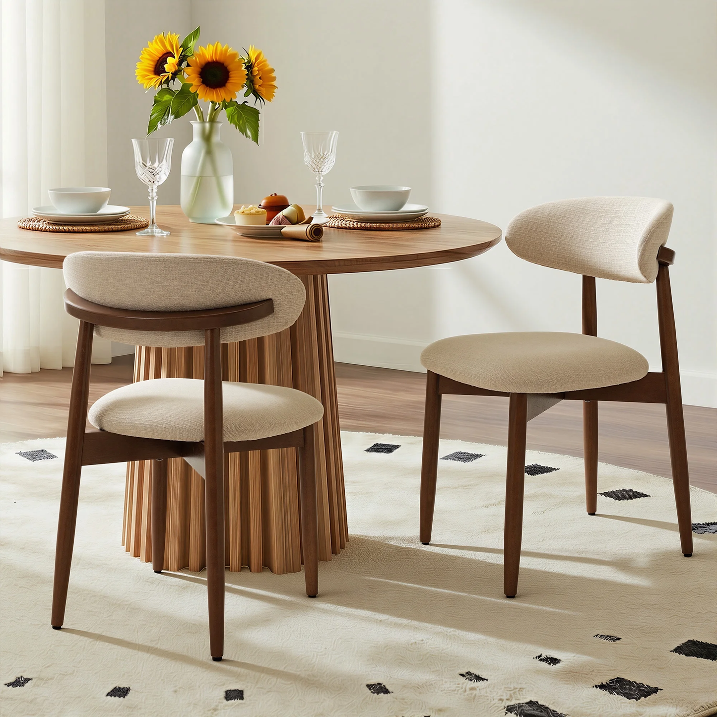 Zeesh Maison Set of 2 Upholstered Dining Chairs - Beige Fabric with Solid Wood Legs