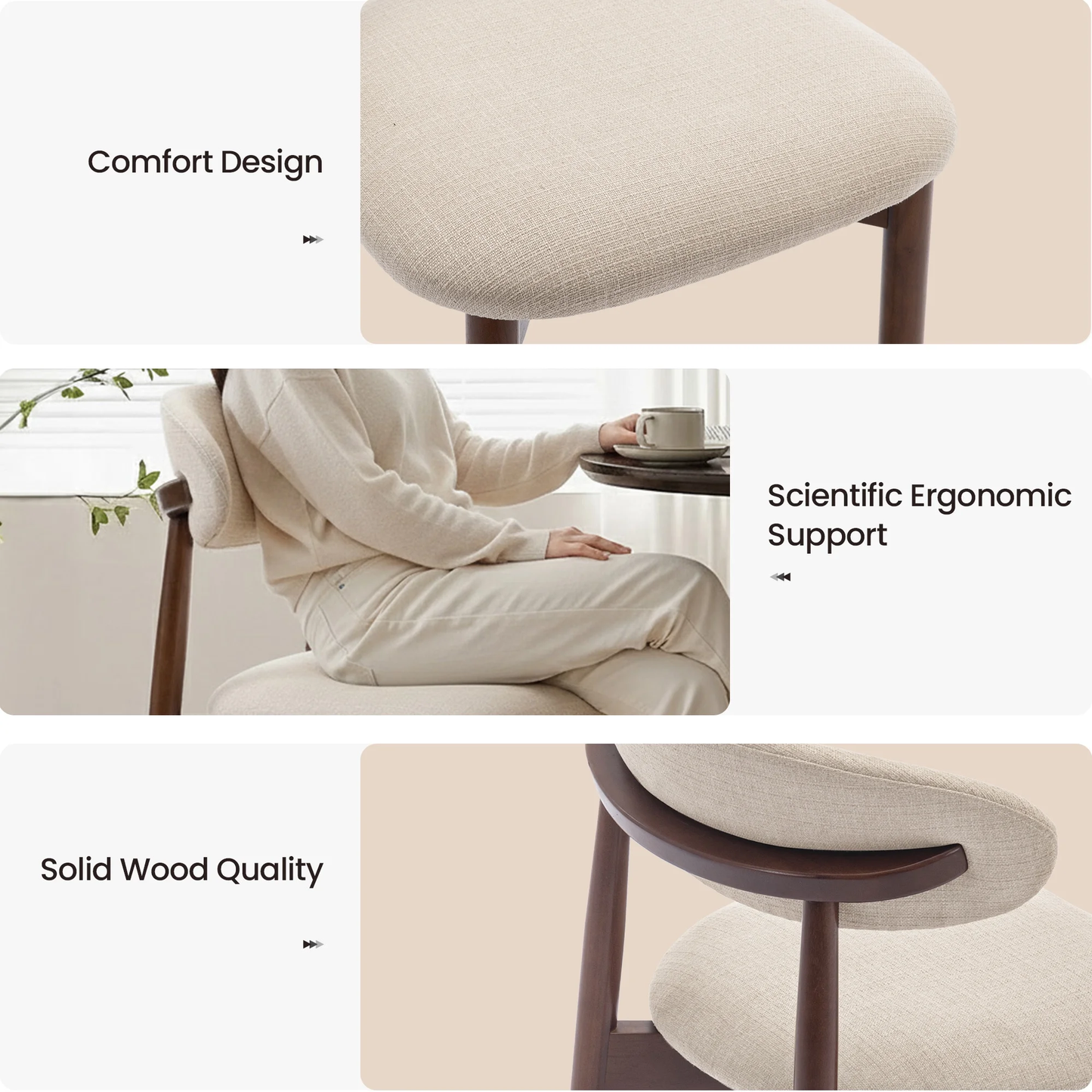 Zeesh Maison Set of 2 Upholstered Dining Chairs - Beige Fabric with Solid Wood Legs